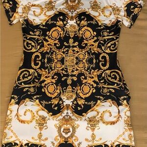 Elegant Black and Gold Baroque Print Women’s Dress